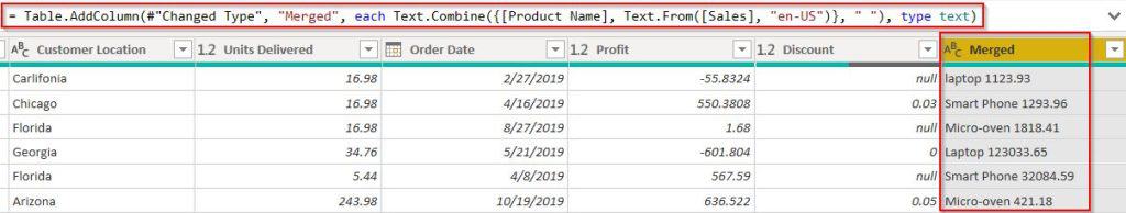 Example of Power bi-concatenate two columns with space