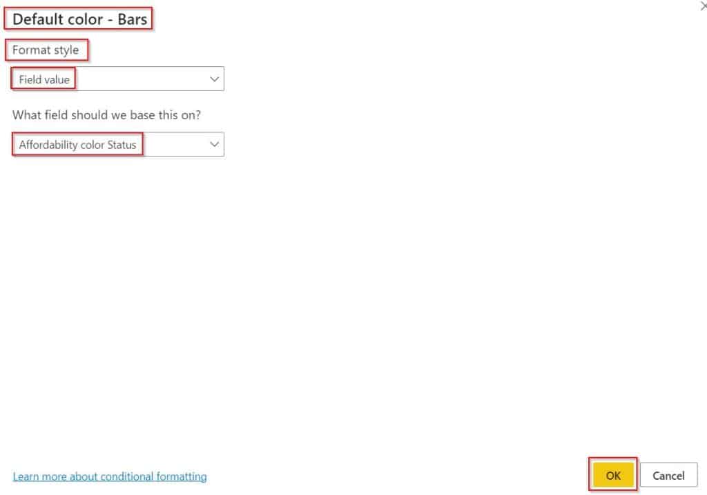 Example of Power BI conditional formatting bar chart based on field value