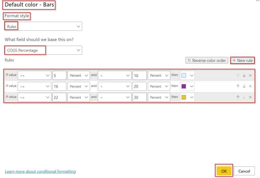 Example of Power BI conditional formatting based on a measure bar chart