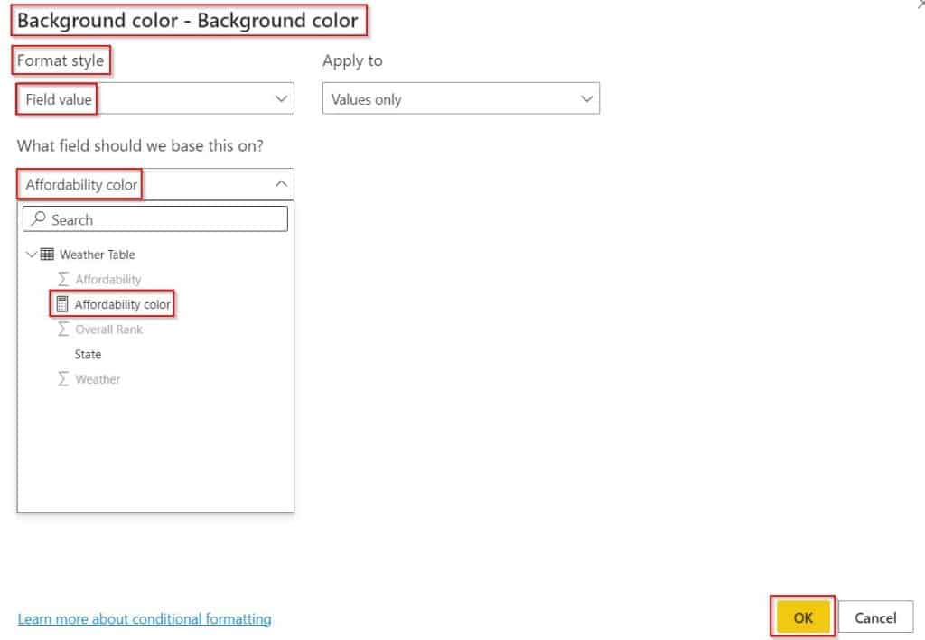 Example of Power BI conditional formatting based on field value