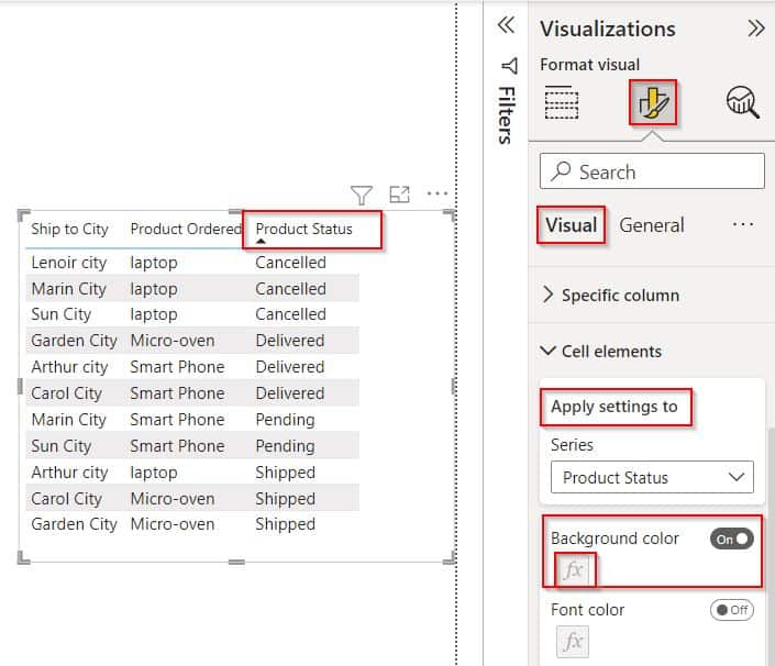 Example of Power BI conditional formatting based on text not count