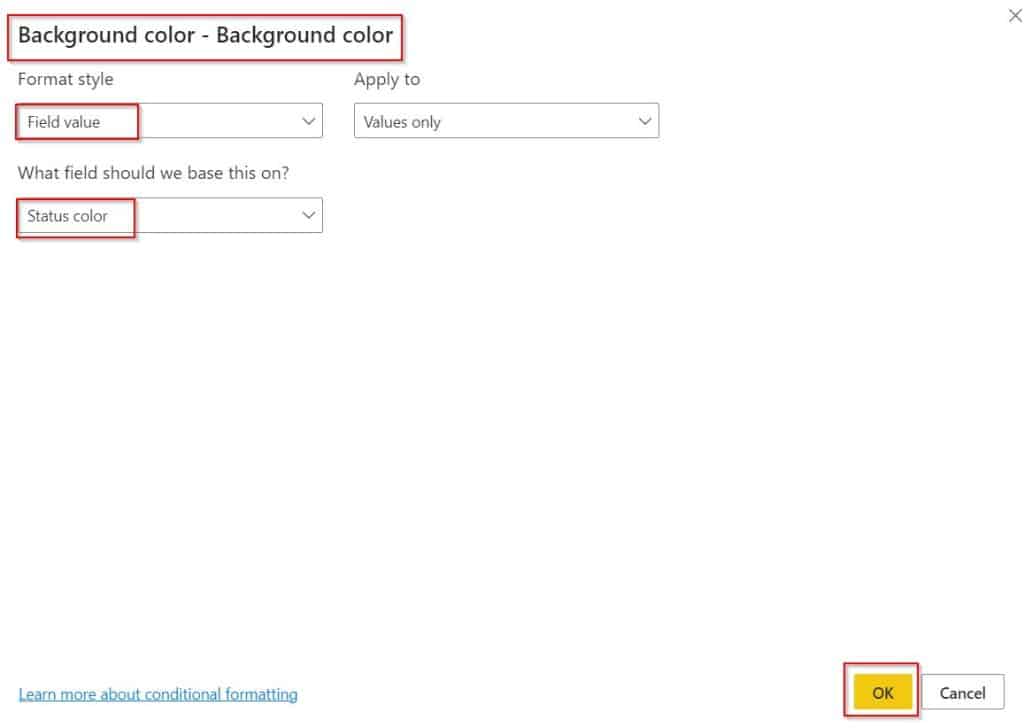 Example of Power BI conditional formatting based on text value