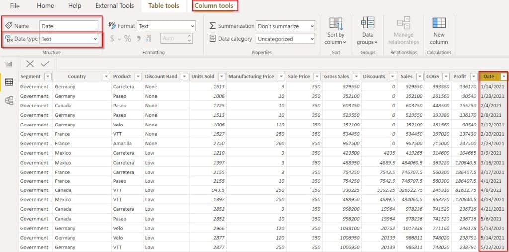 Example of Power BI converts date to text