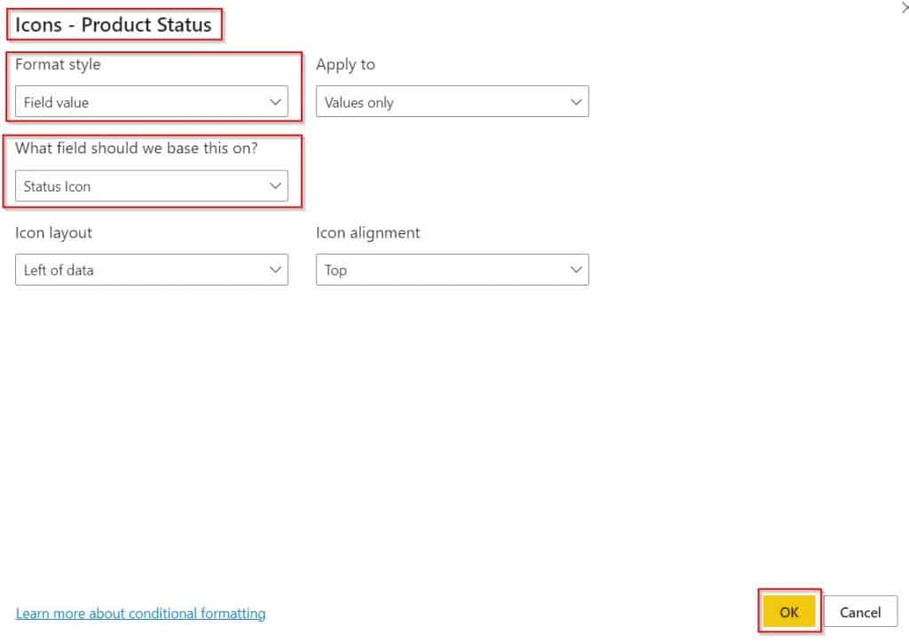 Example of Power BI Icon Names for Conditional Formatting Using DAX