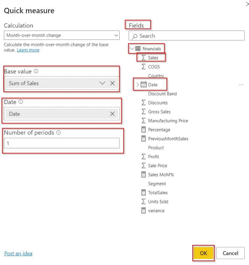 Example of Power BI Month-over-Month Change quick measure