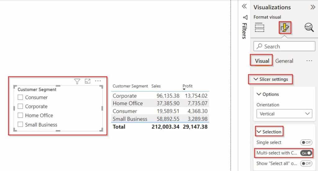 Example of Power BI slicer multiple selections