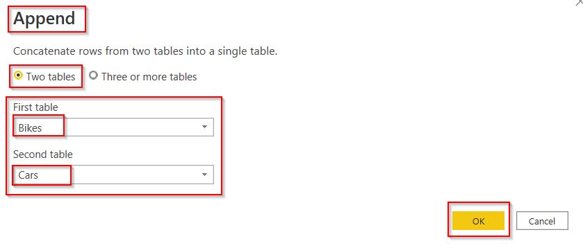 Example of Power BI union two tables power query