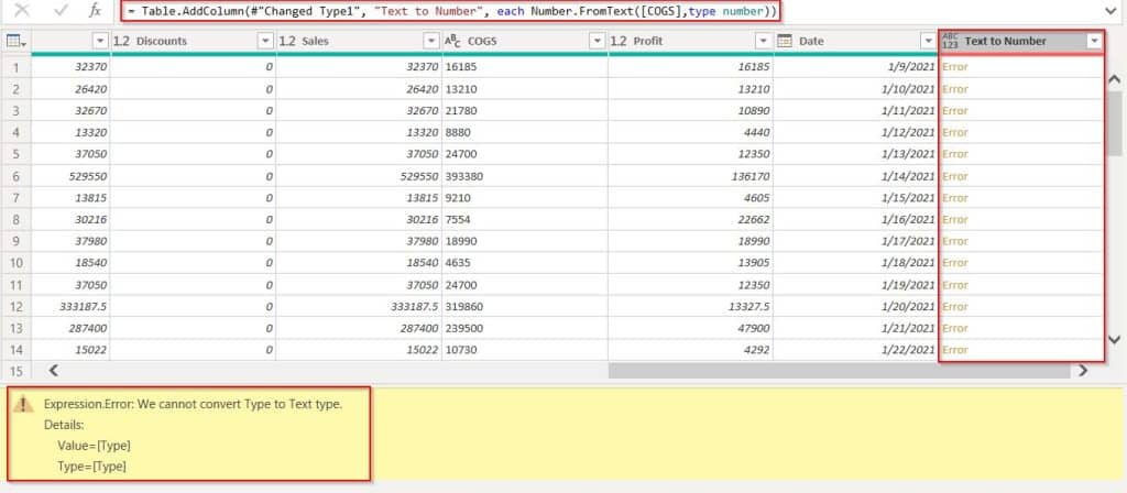 Example of Power Query Convert Text to Number error