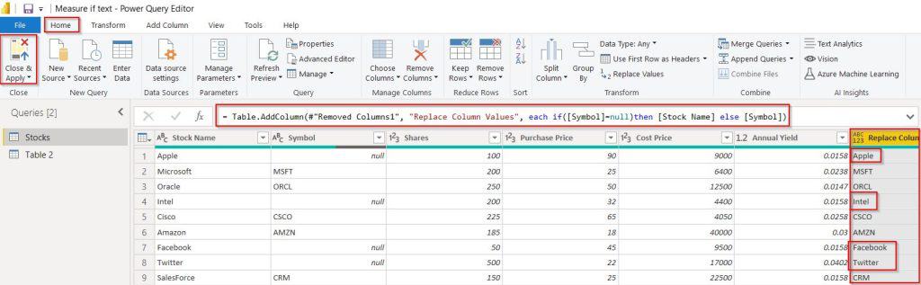 Example of Power query replace null with column value