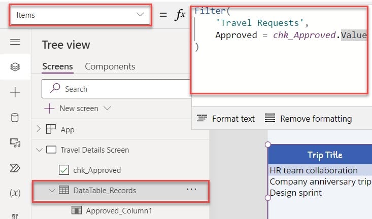 Filter a Power Apps Data Table using Checkbox Control