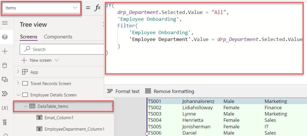 Filter Data table Based on Dropdown in Power Apps