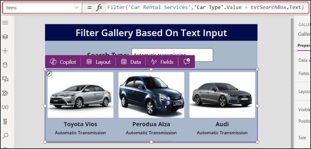 filter gallery based on text input powerapps