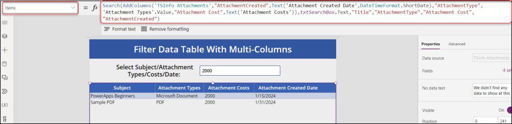 Filter Power Apps Data table with SharePoint Columns