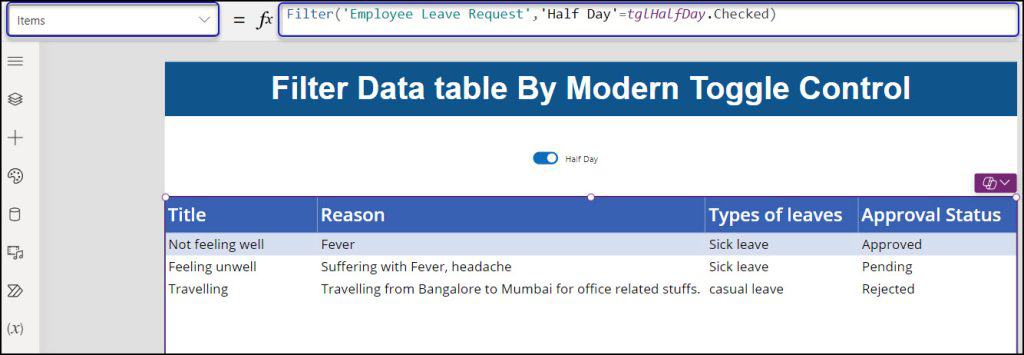 Filter PowerApps Data Table by Modern Toggle