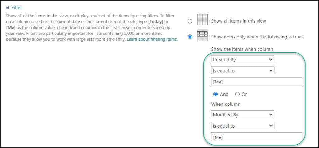 filter sharepoint list view by current user