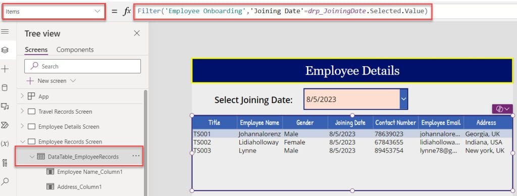 Filter the Power Apps Data Table with Dropdown