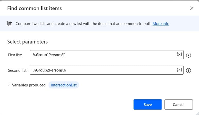 find common list items variable in Power automate desktop