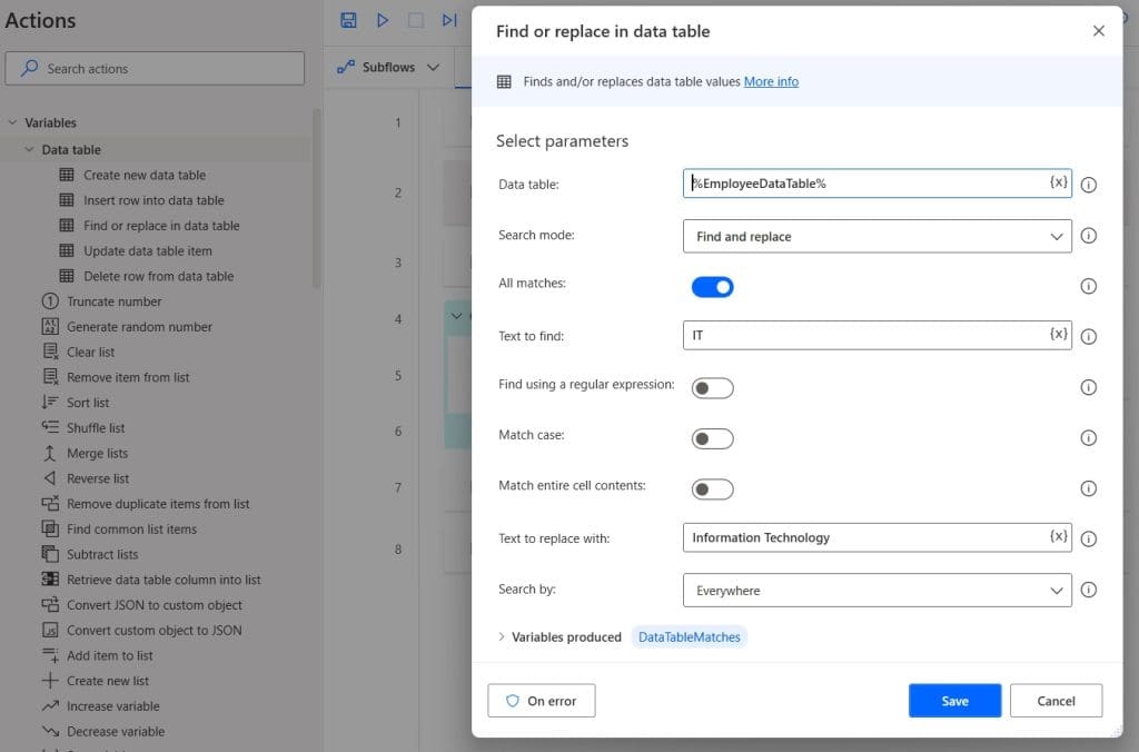 Find or replace in data table in Microsoft Power Automate desktop