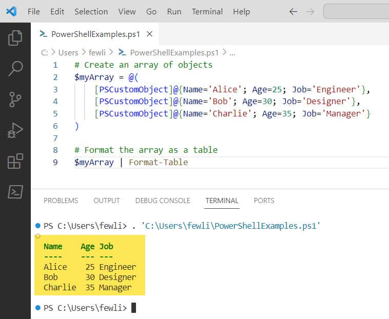 format an array of objects as table in PowerShell