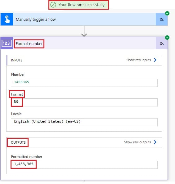 format number function in power automate flow