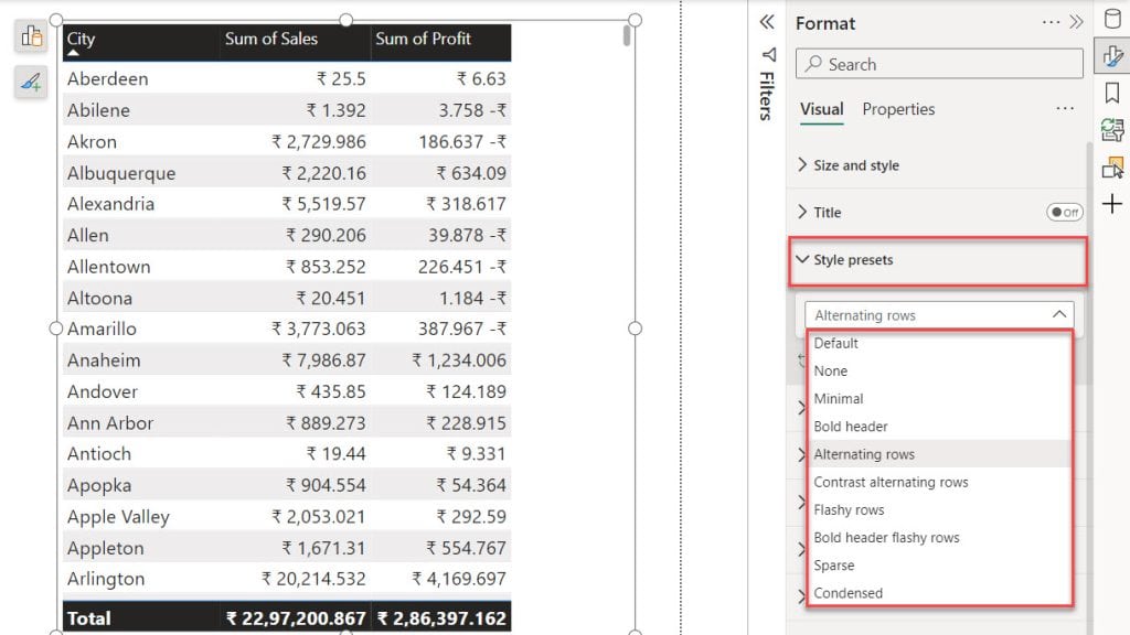 Format Style presets of a Table in Power BI