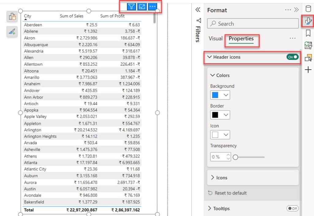 Format the Header icons of a Table in Power BI