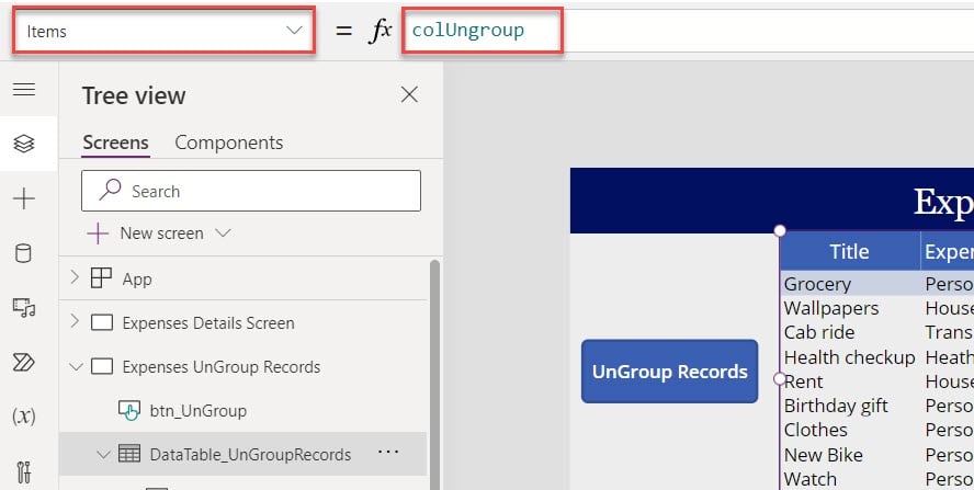 Group data table in Power Apps