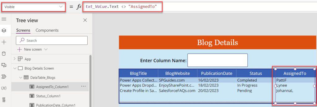 Hide a Power Apps Data Table Column