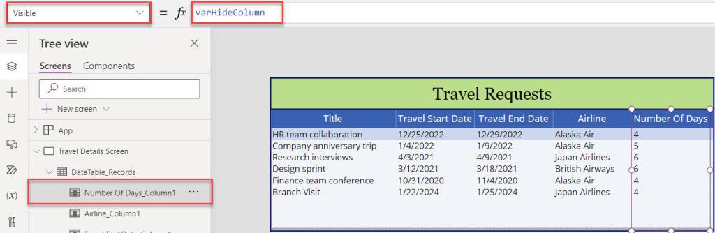 Hide Column in Power Apps Data Table