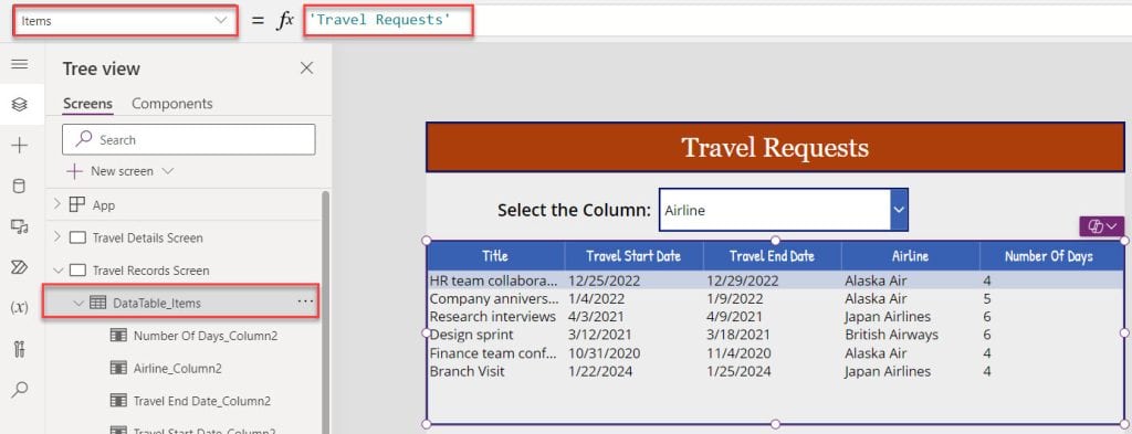 Hide Column in Power Apps Data Table Control