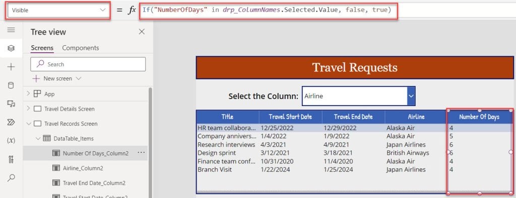 Hide Column in the Power Apps Data Table Control