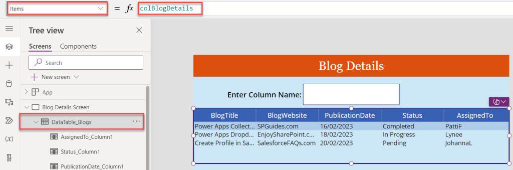 Hide Power Apps Data Table Column