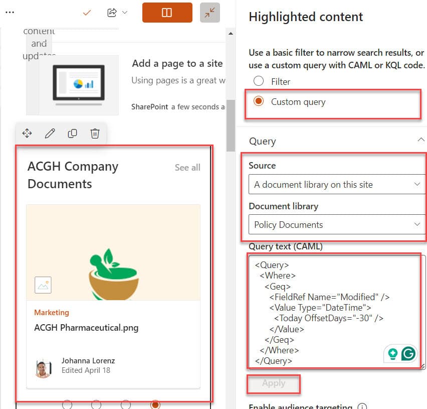 highlighted content CAML query examples