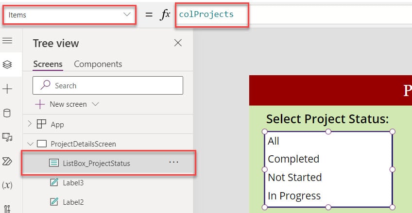 how to a filter powerapps listbox items