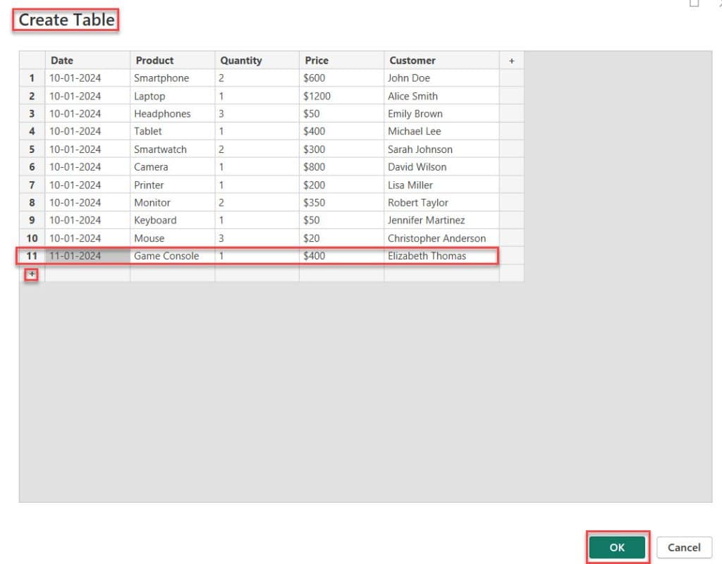 how to add a row into a table in power bi