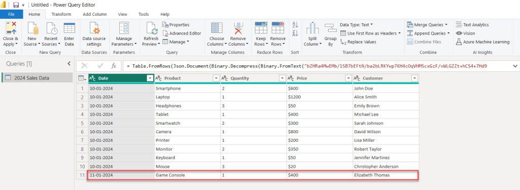 how to add a row to the table using enter data in Power BI