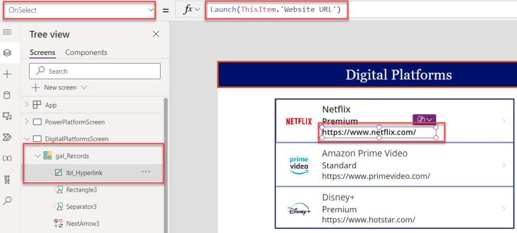 how to add hyperlink field in power apps gallery