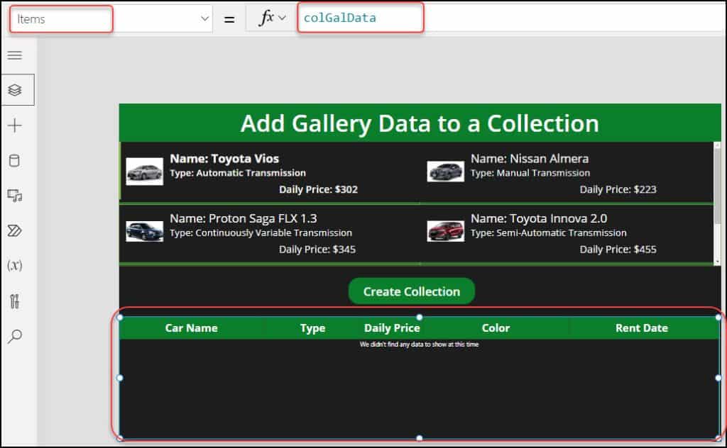 How to add Power Apps gallery items to a collection