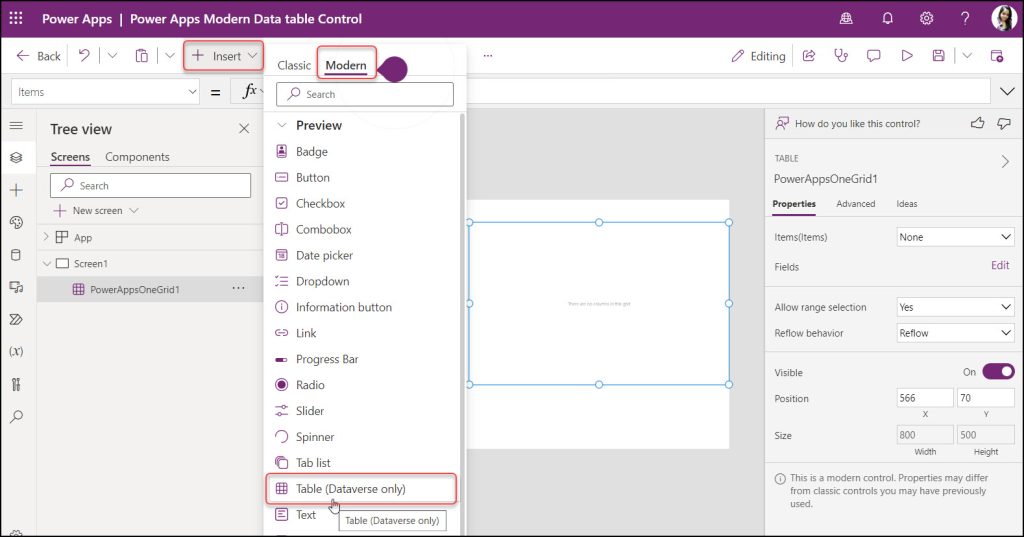 How to add Power Apps modern Data table