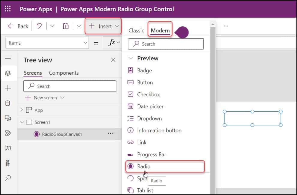 How to add Power Apps Modern Radio Group Control