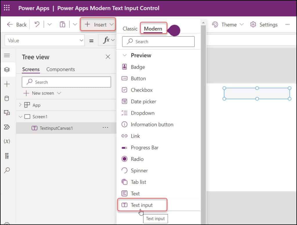 How to add Power Apps Modern Text input control