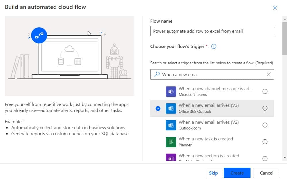 How to add row to excel from an email Ms flow