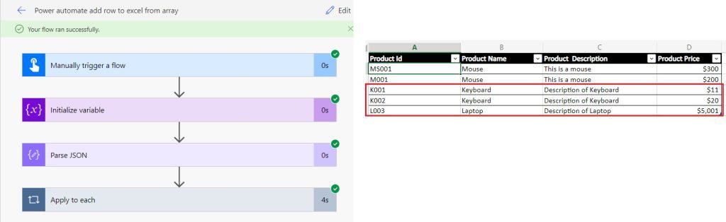 Power automate add a row to Excel from an array