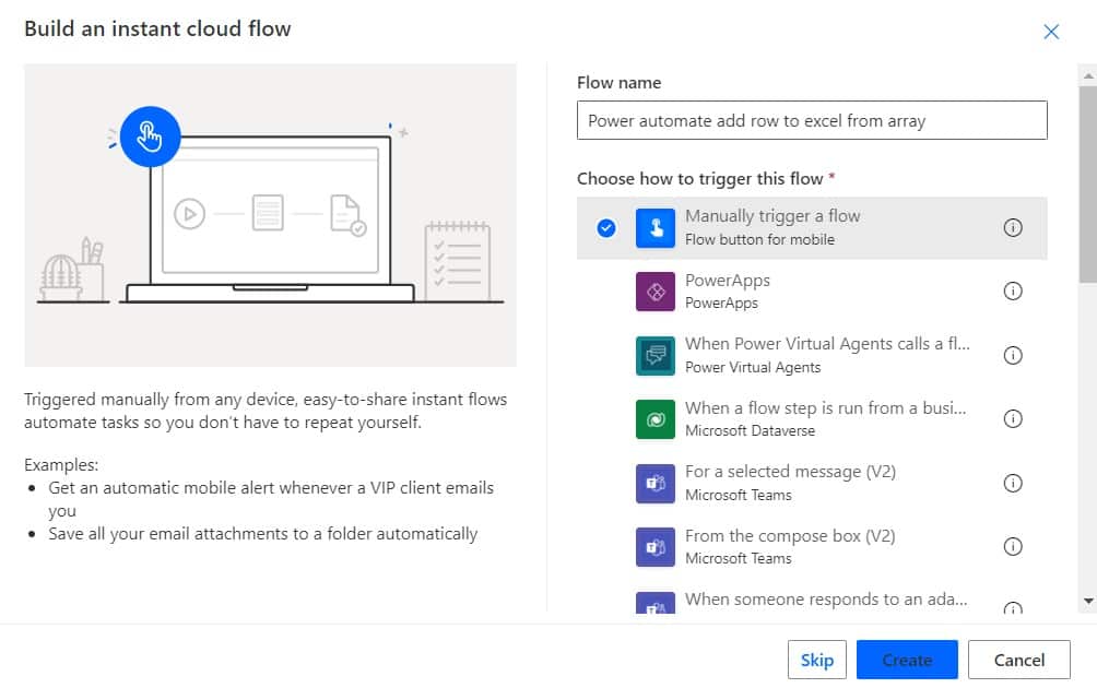 Add a row to Excel from an array power automate