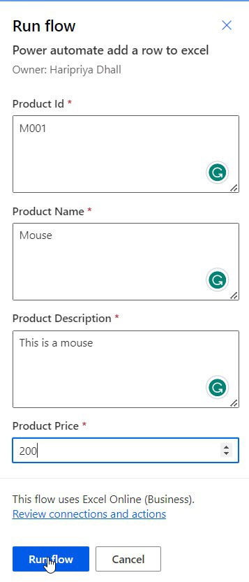 How to add row to excel using Microsoft flow