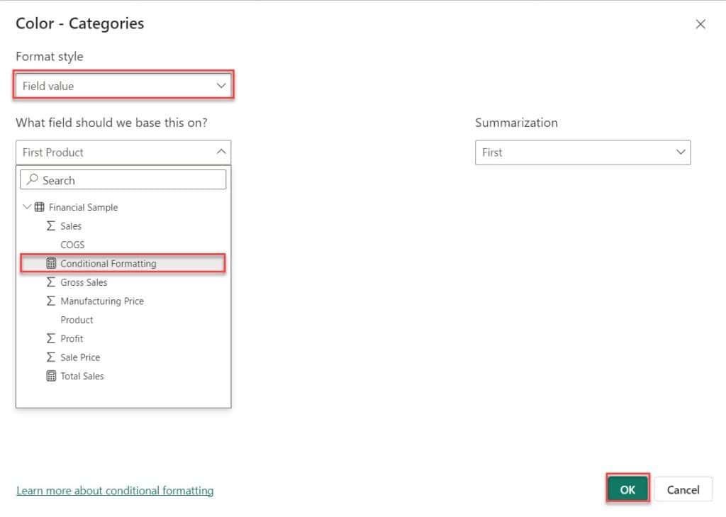 How to apply conditional formatting to a Pie chart using DAX in Power BI