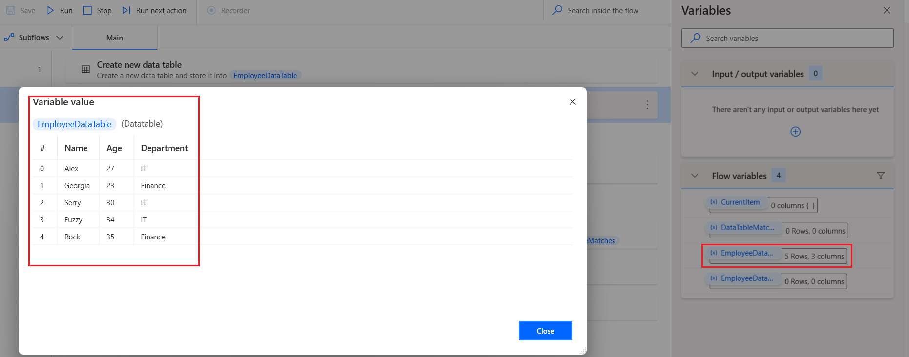 Data table in Power Automate Desktop