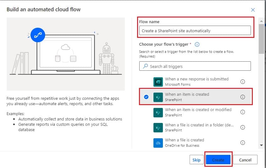 How to create a SharePoint Online sites using flow