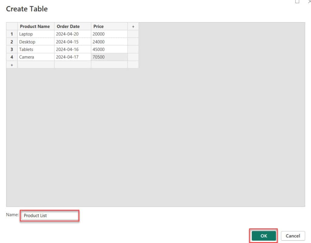 how to create a table in power query