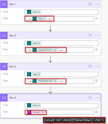 create vertical html table in power automate